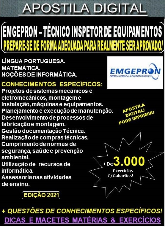Apostila EMGEPRON - TÉCNICO INSPETOR de EQUIPAMENTOS - Teoria + 3.000 Exercícios - Concurso 2021