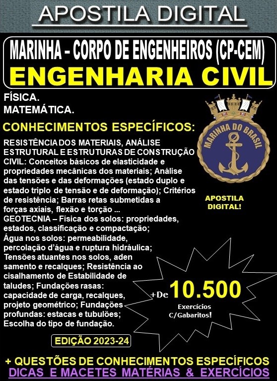 Apostila Corpo de Engenheiros da Marinha - ENGENHARIA CIVIL - Teoria + 10.500 Exercícios - Concurso 2024