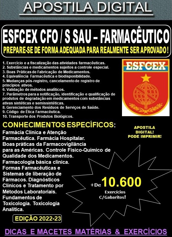 Apostila ESFCEX CFO / S Sau - FARMACÊUTICO - EXÉRCITO - Teoria + 10.600 Exercícios - Concurso 2024-25