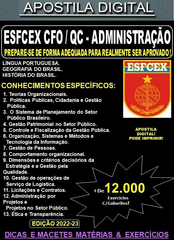 Apostila ESFCEX CFO / QC - ADMINISTRAÇÃO - Teoria + 12.000 Exercícios - Concurso 2024-25