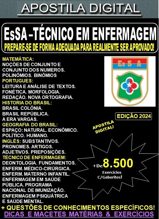 Apostila EsSA - Sargento do Exército - TÉCNICO em ENFERMAGEM - Teoria + 8.500 Exercícios - Concurso 2024