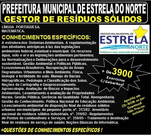 Apostila Prefeitura Municipal de Estrela do norte GO - GESTOR DE RESÍDUOS SÓLIDOS - Teoria + 3.900 Exercícios - Concurso 2018
