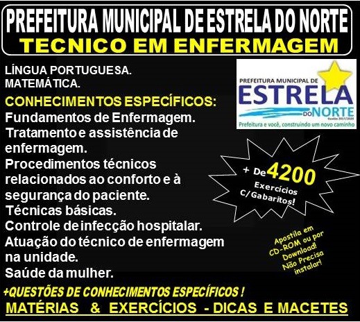 Apostila Prefeitura Municipal de Estrela do norte GO - TECNICO em ENFERMAGEM - Teoria + 4.200 Exercícios - Concurso 2018
