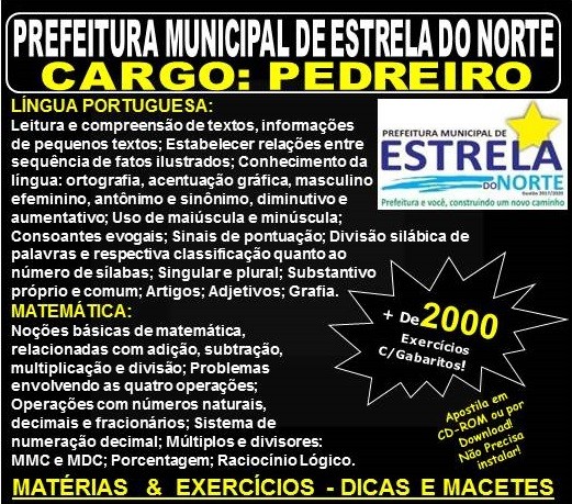 Apostila Pref. Mun. de Estrela do Norte GO - PEDREIRO - Teoria + 2.000 Exercícios - Concurso 2018