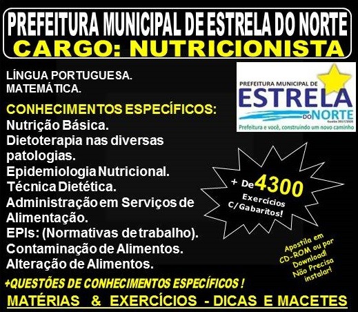 Apostila Prefeitura Municipal de Estrela do norte GO - NUTRICIONISTA - Teoria + 4.300 Exercícios - Concurso 2018