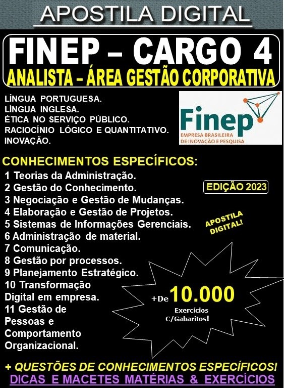 Apostila FINEP - Cargo 4: Analista - GESTÃO CORPORATIVA - Teoria + 10.000 Exercícios - Concurso 2023