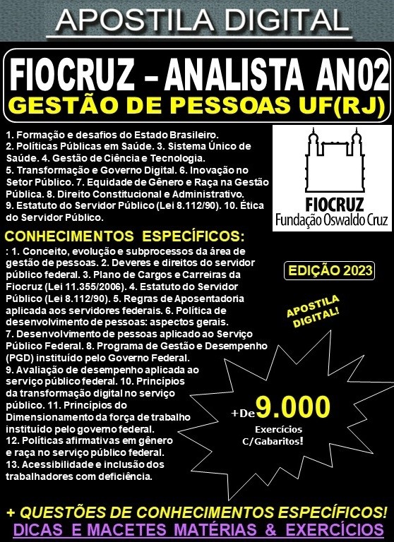Apostila FIOCRUZ - Analista ANO 02 - GESTÃO de PESSOAS  - Teoria + 9.000 Exercícios - Concurso 2023