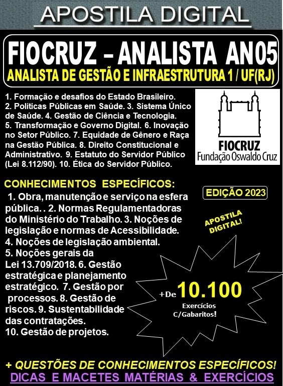Apostila FIOCRUZ - Analista ANO5  - GESTÃO em INFRAESTRUTURA - Teoria + 10.100 Exercícios - Concurso 2023
