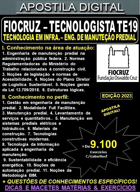 Apostila FIOCRUZ - Tecnologista TE19 - TECNOLOGIA em INFRAESTRUTURA - ENGENHARIA de MANUTENÇÃO PREDIAL - Teoria + 9100 Exercícios - Concurso 2023