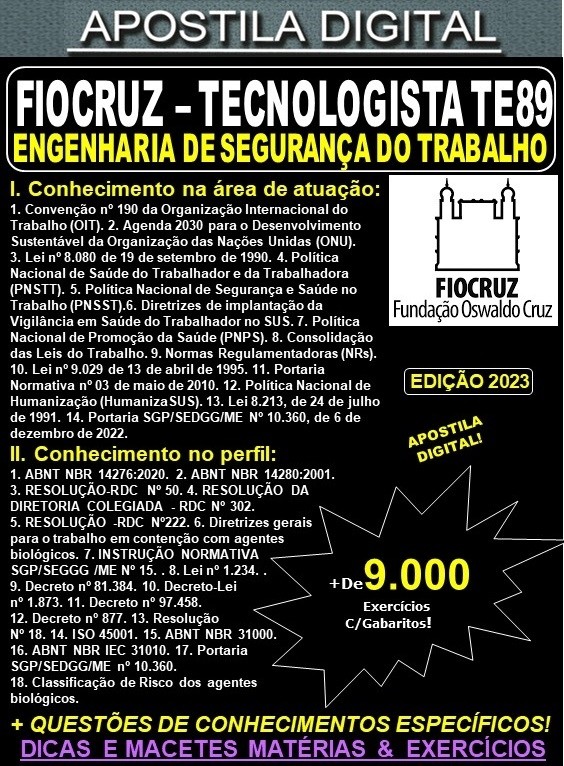 Apostila FIOCRUZ - Tecnologista TE89 - ENGENHARIA de SEGURANÇA do TRABALHO - Teoria + 9.000 Exercícios - Concurso 2023