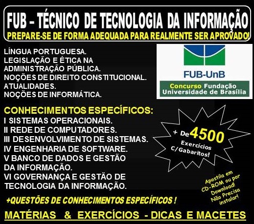 Apostila FUB - TÉCNICO de TECNOLOGIA da INFORMAÇÃO - Teoria + 4.500 Exercícios - Concurso 2018