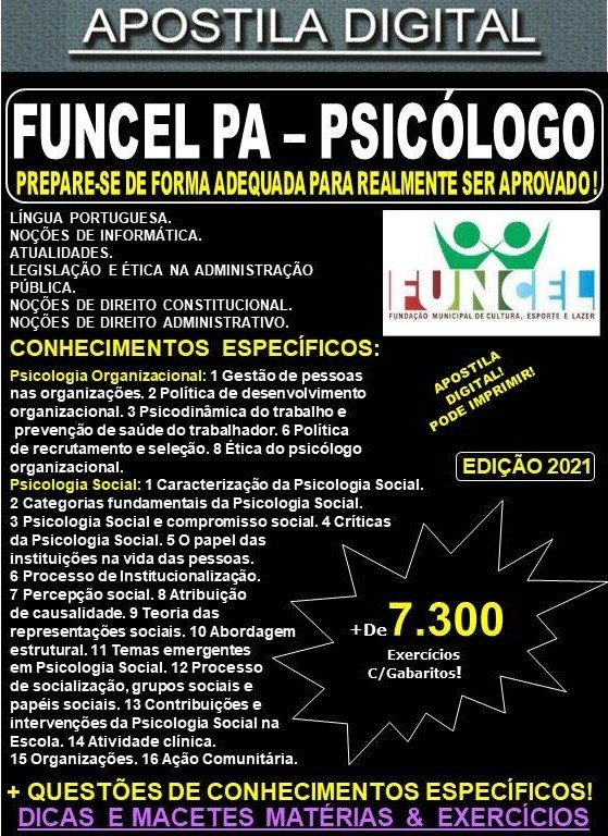 Apostila FUNCEL PA - PSICÓLOGO - Teoria + 7.300 Exercícios - Concurso 2021