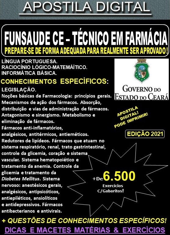 Apostila FUNSAUDE CE - TÉCNICO em FARMÁCIA - Teoria +  6.500 Exercícios - Concurso 2021