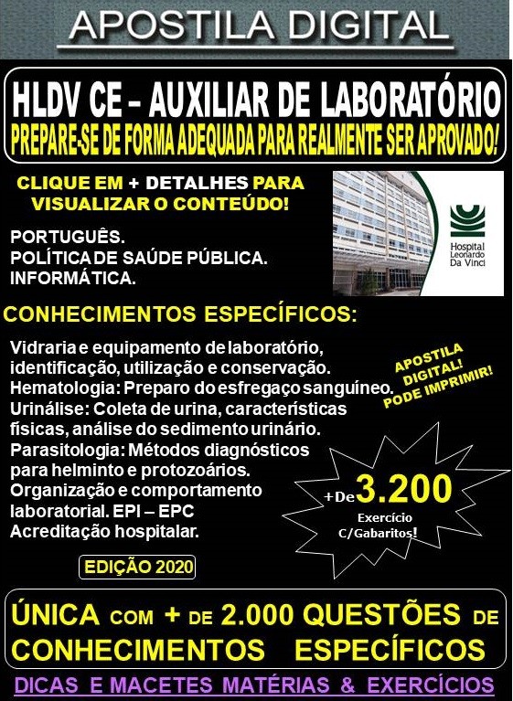 Apostila HLDV CE - AUXILIAR DE LABORATÓRIO  - Teoria + 3.200 Exercícios - Concurso 2020