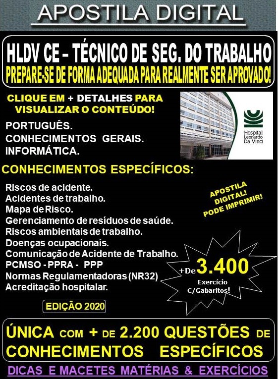 Apostila HLDV CE - TÉCNICO DE SEGURANÇA DO TRABALHO  - Teoria + 3.400 Exercícios - Concurso 2020