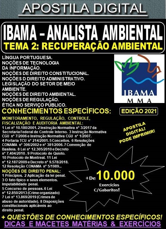 Apostila IBAMA - ANALISTA AMBIENTAL - TEMA 2: RECUPERAÇÃO AMBIENTAL, MONITORAMENTO e USO SUSTENTÁVEL da BIODIVERSIDADE, CONTROLE E FISCALIZAÇÃO - Teoria + 10.000 Exercícios - Concurso 2021