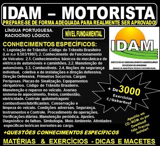 Apostila IDAM - MOTORISTA - Teoria + 3.000 Exercícios - Concurso 2018 