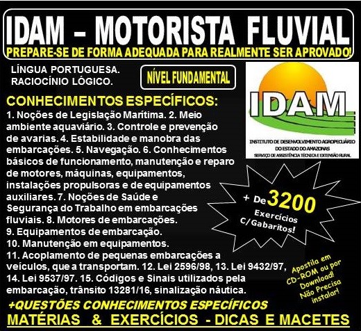 Apostila IDAM - MOTORISTA FLUVIAL - Teoria + 3.200 Exercícios - Concurso 2018 