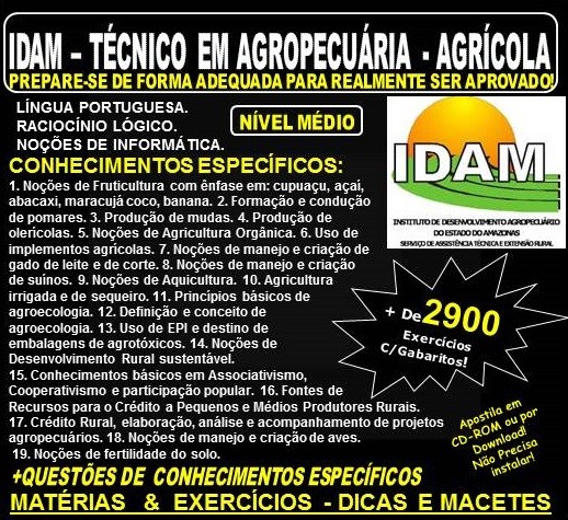 Apostila IDAM - TÉCNICO em AGROPECUÁRIA - AGRÍCOLA - Teoria + 3.000 Exercícios - Concurso 2018