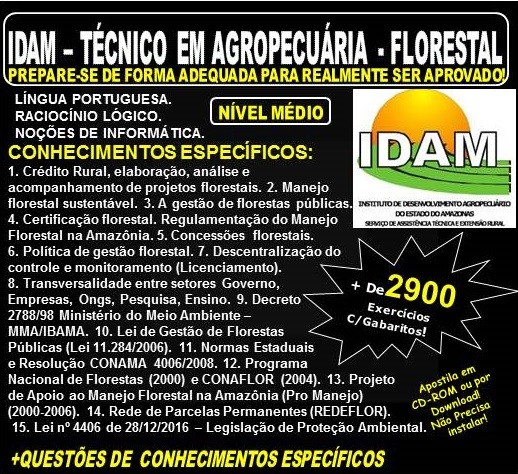 Apostila IDAM - TÉCNICO em AGROPECUÁRIA - FLORESTAL - Teoria + 2.900 Exercícios - Concurso 2018