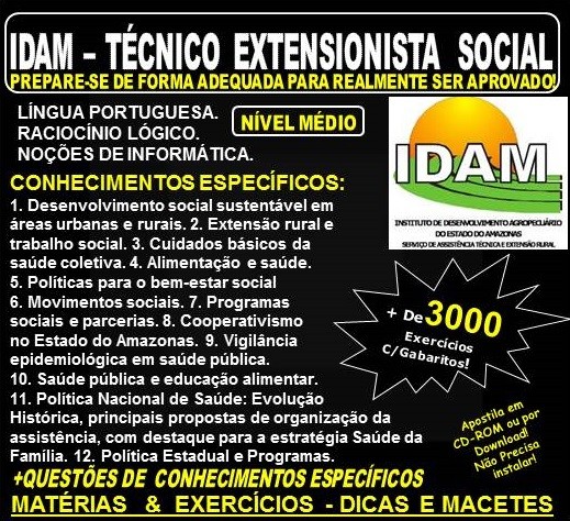 Apostila IDAM - TÉCNICO EXTENSIONISTA SOCIAL - Teoria + 3.000 Exercícios - Concurso 2018