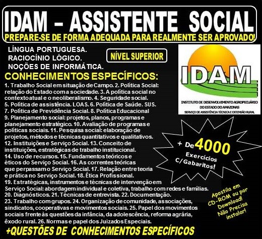 Apostila IDAM - ASSISTENTE SOCIAL - Teoria + 4.000 Exercícios - Concurso 2018