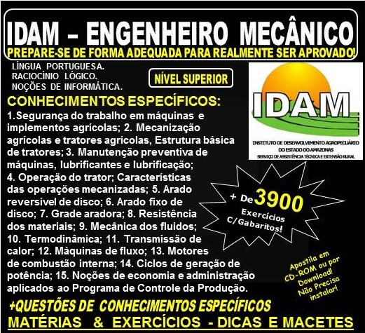 Apostila IDAM - ENGENHEIRO MECÂNICO - Teoria + 3.900 Exercícios - Concurso 2018
