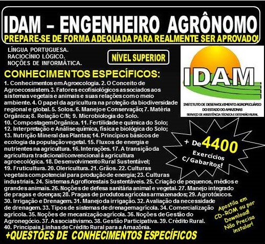 Apostila IDAM - ENGENHEIRO AGRÔNOMO - Teoria + 4.400 Exercícios - Concurso 2018