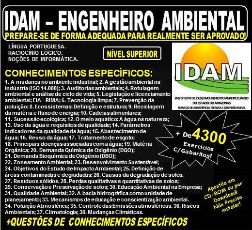 Apostila IDAM - ENGENHEIRO AMBIENTAL - Teoria + 4.300 Exercícios - Concurso 2018