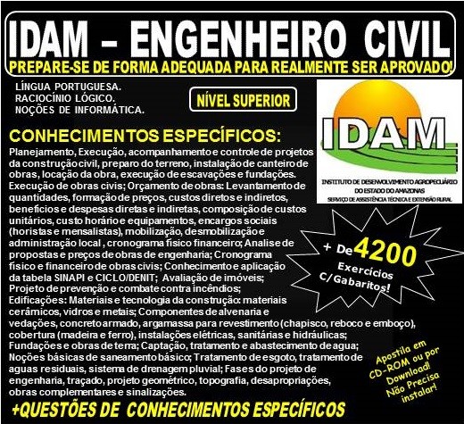 Apostila IDAM - ENGENHEIRO CIVIL - Teoria + 4.200 Exercícios - Concurso 2018