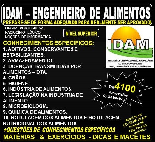 Apostila IDAM - ENGENHEIRO de ALIMENTOS - Teoria + 4.100 Exercícios - Concurso 2018