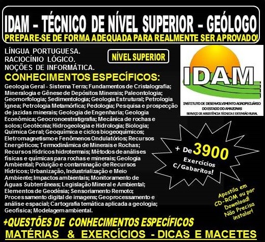 Apostila IDAM - TÉCNICO de NÍVEL SUPERIOR - GEÓLOGO - Teoria + 3.900 Exercícios - Concurso 2018