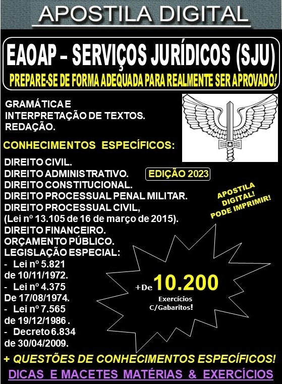 Apostila AERONÁUTICA EAOAP - SERVIÇOS JURÍDICOS - Teoria + 10.200 Exercícios - Concurso 2023-24