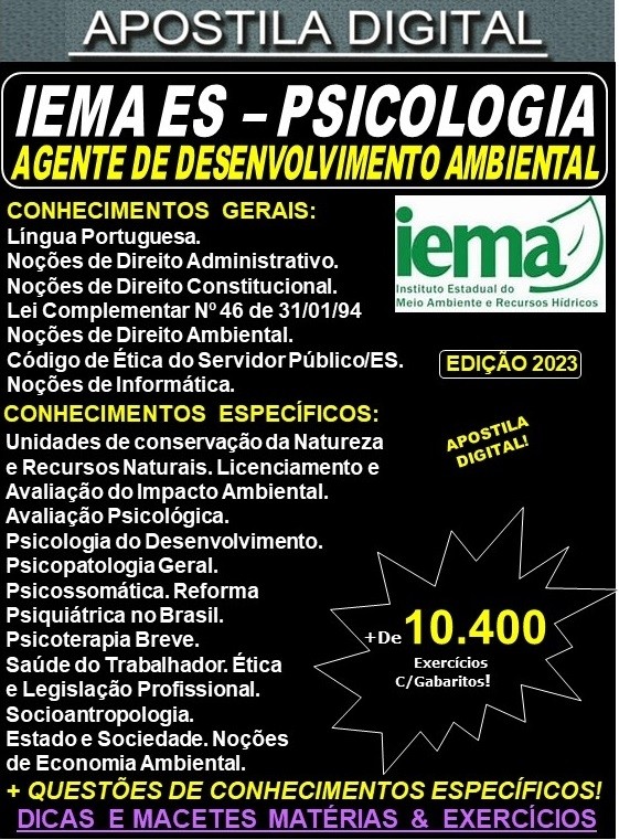 Apostila IEMA ES - Agente de Desenvolvimento Ambiental - PSICOLOGIA - Teoria + 10.400 Exercícios - Concurso 2023