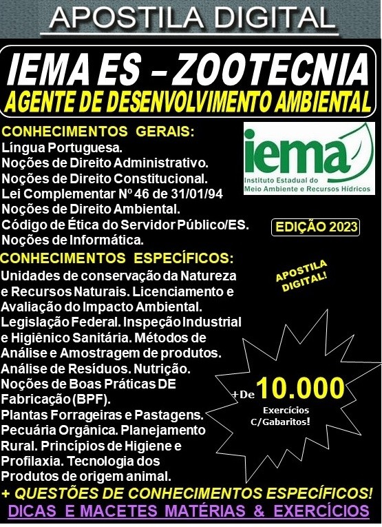 Apostila IEMA ES - Agente de Desenvolvimento Ambiental - ZOOTECNIA - Teoria + 10.000 Exercícios - Concurso 2023