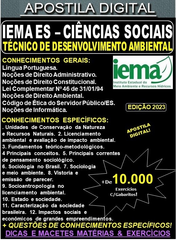 Apostila IEMA ES - Agente de Desenvolvimento Ambiental - CIÊNCIAS SOCIAIS - Teoria + 10.000 Exercícios - Concurso 2023