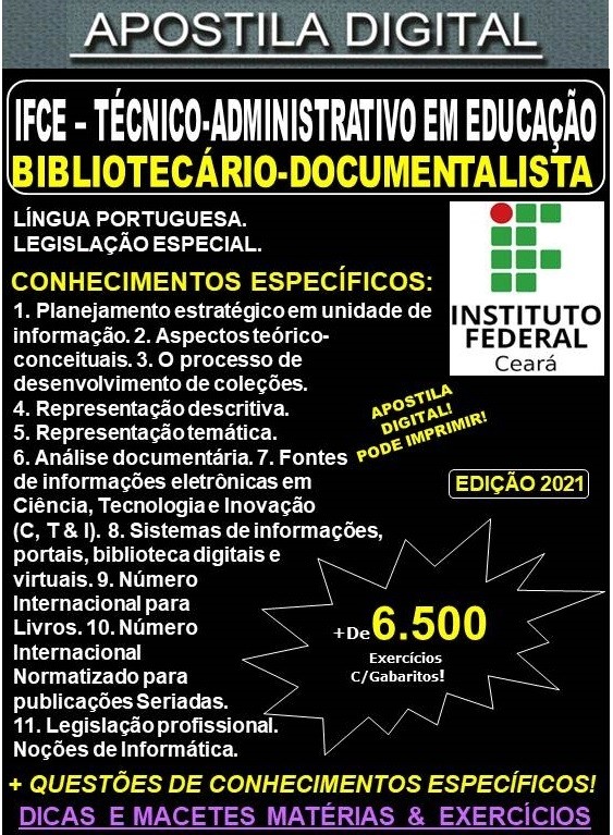 Apostila IFCE - TAE - BIBLIOTECÁRIO DOCUMENTALISTA  - Teoria + 6.500 Exercícios - Concurso 2021