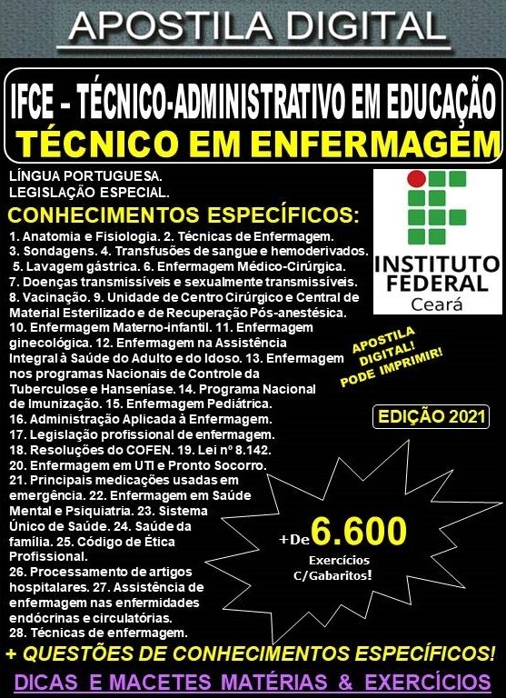 Apostila IFCE - TAE - TÉCNICO em ENFERMAGEM - Teoria + 6.600 Exercícios - Concurso 2021