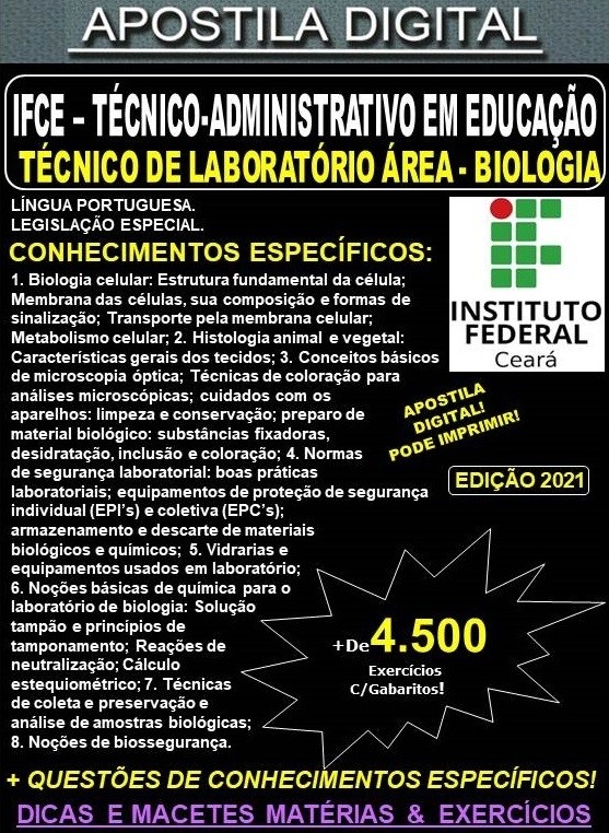Apostila IFCE - TAE - TÉCNICO de LABORATÓRIO Área / BIOLOGIA - Teoria + 4.500 Exercícios - Concurso 2021