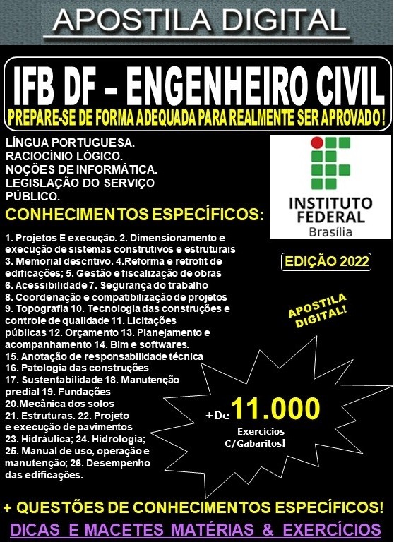 Apostila IFB DF - ENGENHEIRO CIVIL - Teoria + 11.000 Exercícios - Concurso 2022
