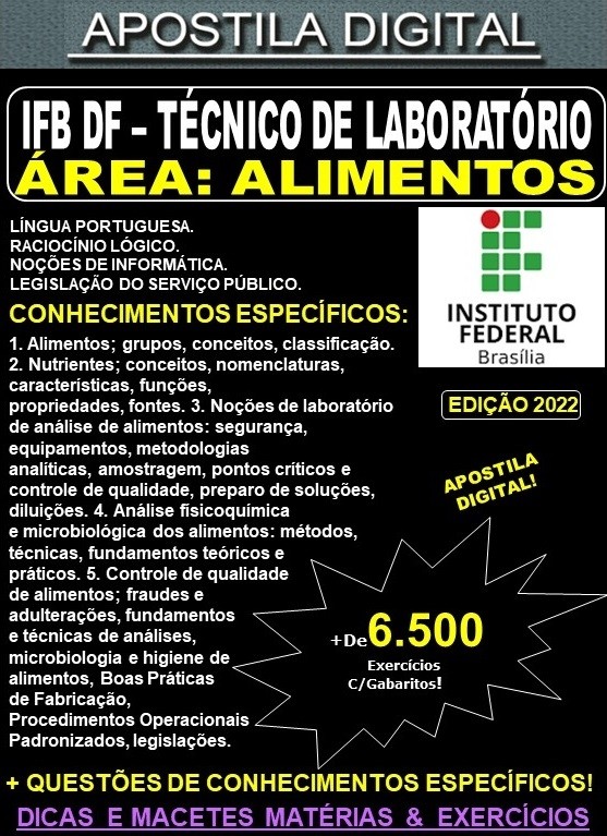 Apostila IFB DF - TÉCNICO de LABORATÓRIO - Área ALIMENTOS - Teoria + 6.500 Exercícios - Concurso 2022