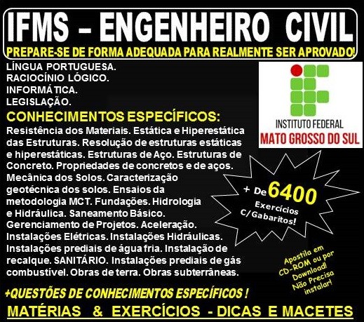 Apostila IFMS - ENGENHEIRO CIVIL - Teoria + 6.400 Exercícios - Concurso 2018