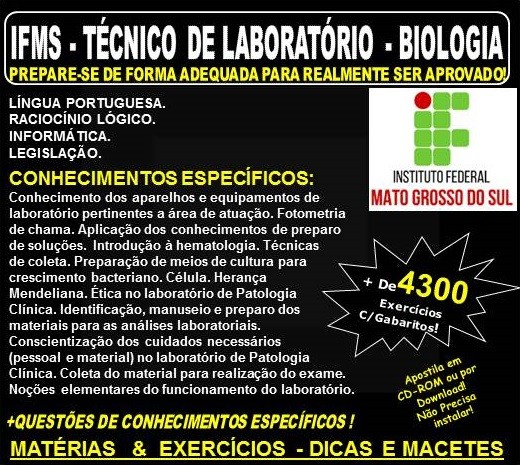 Apostila IFMS - TÉCNICO de LABORATÓRIO - BIOLOGIA - Teoria + 4.300 Exercícios - Concurso 2018