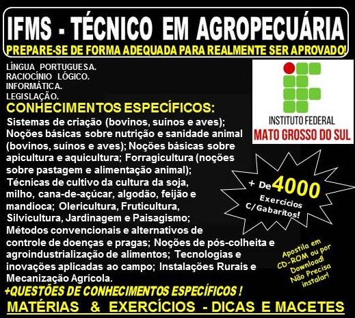 Apostila IFMS - TÉCNICO em AGROPECUÁRIA - Teoria + 4.000 Exercícios - Concurso 2018