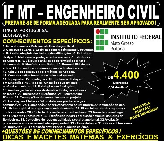 Apostila IF MT - ENGENHEIRO CIVIL - Teoria + 4.400 Exercícios - Concurso 2019