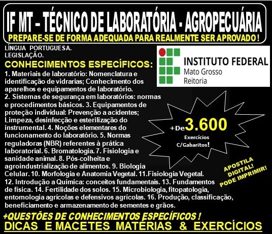 Apostila IF MT - TÉCNICO de LABORATÓRIA - AGROPECUÁRIA - Teoria + 3.600 Exercícios - Concurso 2019