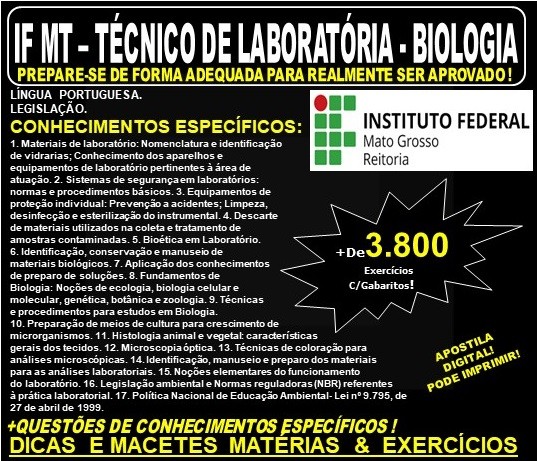 Apostila IF MT - TÉCNICO de LABORATÓRIA - BIOLOGIA - Teoria + 3.800 Exercícios - Concurso 2019