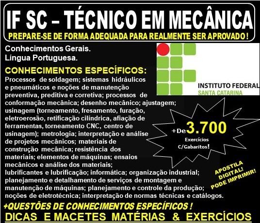 Apostila IF SC - TÉCNICO em MECÂNICA - Teoria + 3.700 Exercícios - Concurso 2019
