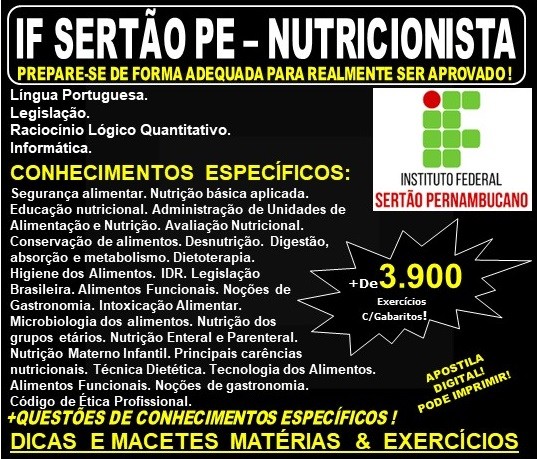 Apostila IF SERTÃO PE - NUTRICIONISTA - Teoria + 3.900 Exercícios - Concurso 2019