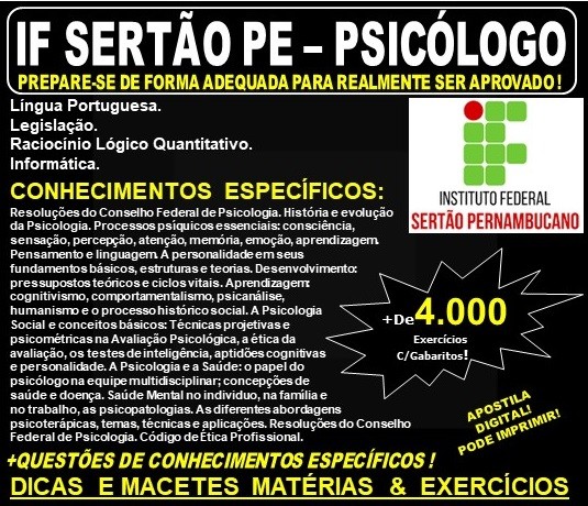 Apostila IF SERTÃO PE - PSICÓLOGO - Teoria + 4.000 Exercícios - Concurso 2019